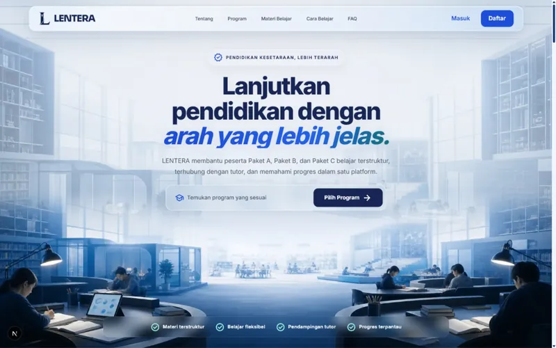 LENTERA learning management system interface on a warm yellow background